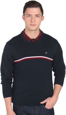 Arrow Sport Striped Round Neck Casual Men Blue Sweater