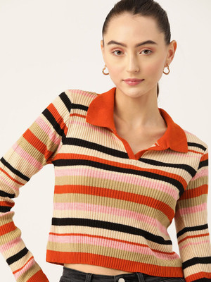 Dressberry Striped Crew Neck Casual Women Orange Sweater