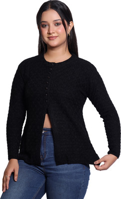 Varenyam Self Design Ruffle Neck Casual Women Black Sweater