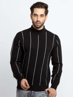 Status Quo Striped High Neck Casual Men Black Sweater