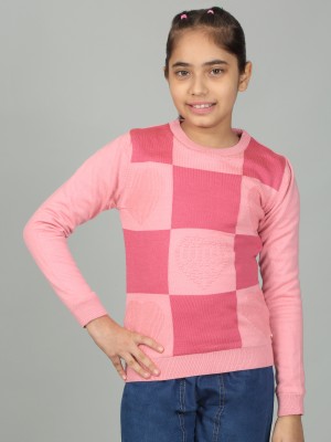 CANTABIL Colorblock Round Neck Casual Girls Pink Sweater