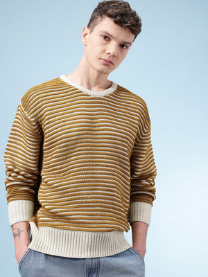 Glitchez Striped Round Neck Casual Men White, Brown Sweater