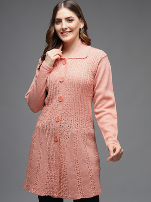 eWools Self Design Collared Neck Casual Women Orange Sweater