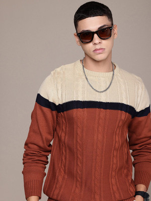 Roadster Colorblock Round Neck Casual Men Brown Sweater