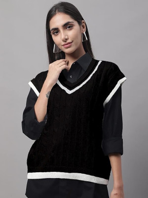 Eddicted Solid V Neck Casual Women Black Sweater