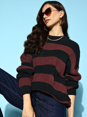 Berrylush Striped Round Neck Casual Women Black Sweater