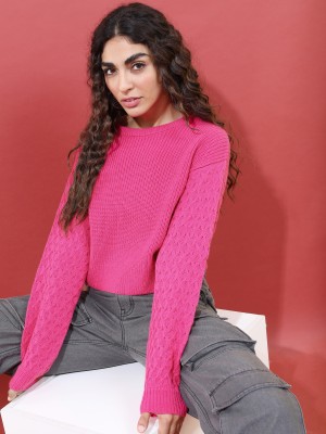 Tokyo Talkies Solid Round Neck Casual Women Pink Sweater