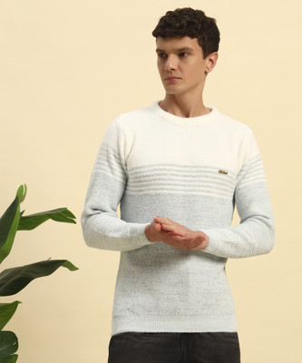 CANBLAR Striped Round Neck Casual Men Light Green Sweater