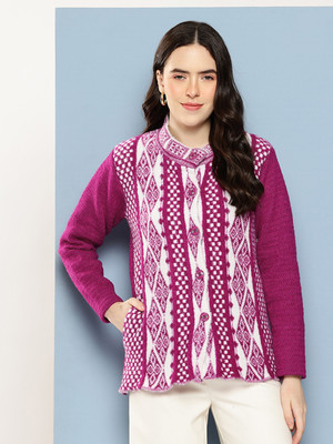 METRONAUT Printed Round Neck Casual Women Purple Sweater