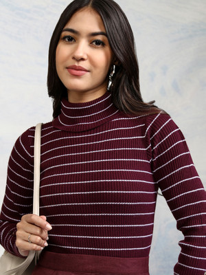 Tokyo Talkies Woven High Neck Casual Women Maroon Sweater
