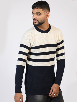Sijans Striped Round Neck Casual Men Blue, White Sweater