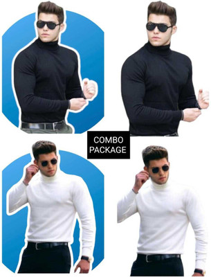 CRYSTALREVENUE Solid High Neck Casual Men White, Black Sweater