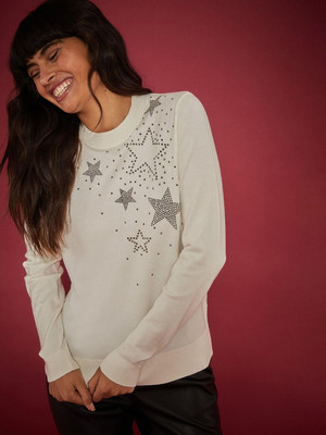 DOROTHY PERKINS Embellished Round Neck Casual Women White Sweater