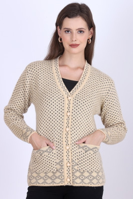 First Sleep Printed V Neck Casual Women Reversible Gold Sweater