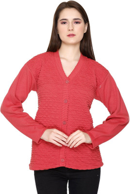 HouseOfCommon Self Design V Neck Casual Women Pink Sweater