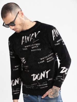 Showoff Printed Round Neck Casual Men Black, White Sweater