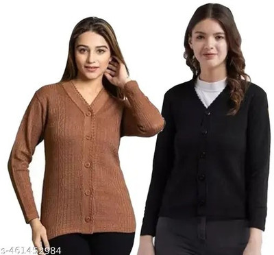 Aaradhana Solid V Neck Casual Women Brown, Black Sweater