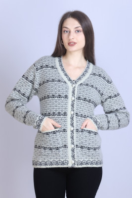 TRUDO Woven V Neck Casual Women Reversible White Sweater