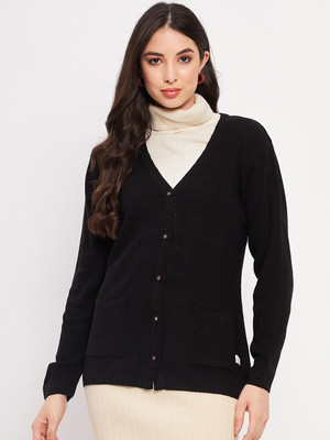 DUKE Solid V Neck Casual Women Black Sweater