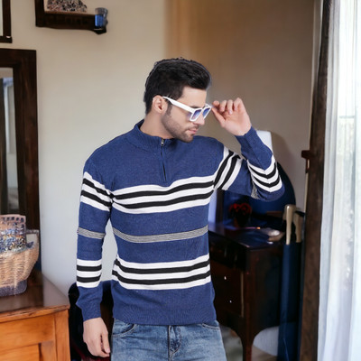 ENMA Colorblock High Neck Casual Men Blue Sweater