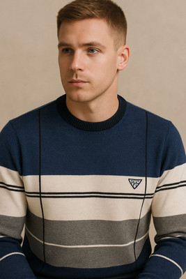 manra Striped Round Neck Casual Men Blue Sweater