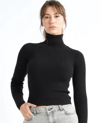 METRONAUT Solid High Neck Casual Women Black Sweater