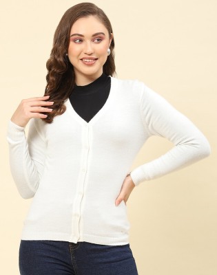 MONTE CARLO Solid V Neck Casual Women White Sweater