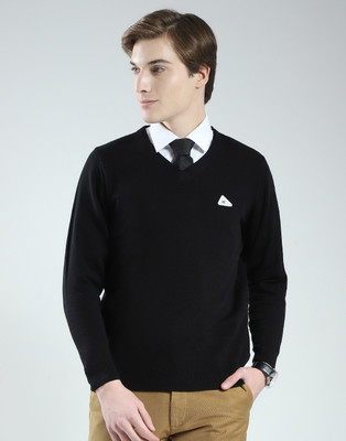 MONTE CARLO Solid V Neck Casual Men Black Sweater
