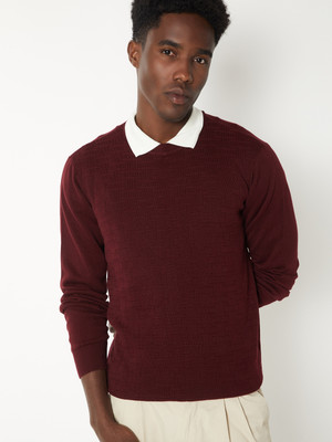 MAX Self Design Round Neck Casual Men Maroon Sweater