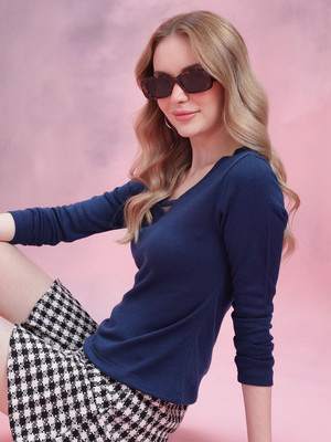 Dressberry Solid V Neck Casual Women Blue Sweater