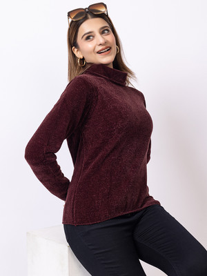 Club York Solid High Neck Casual Women Brown Sweater