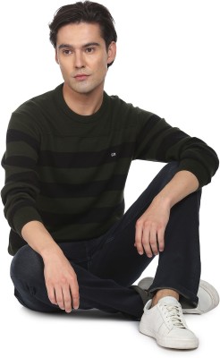 Arrow Sport Striped Crew Neck Casual Men Green, Black Sweater