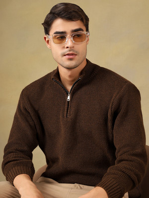 KVETOO Self Design Collared Neck Casual Men Brown Sweater