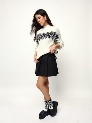 High Star Self Design Round Neck Casual Women White Sweater