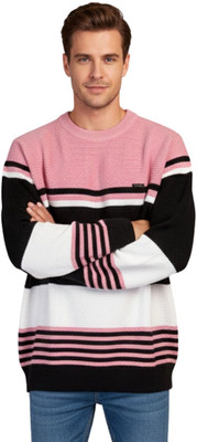 WAY TO TRENDY Striped Round Neck Casual Men Pink Sweater