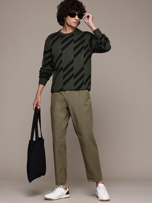 Roadster Self Design Round Neck Casual Men Green Sweater