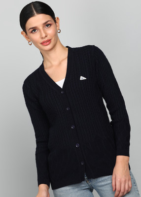 MONTE CARLO Self Design V Neck Casual Women Dark Blue Sweater