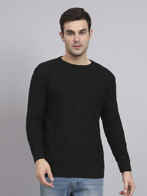 eWools Self Design Round Neck Casual Men Black Sweater