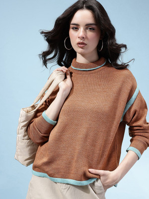 Glitchez Solid High Neck Casual Women Brown Sweater