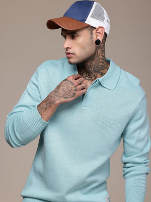 WROGN Solid V Neck Casual Men Blue Sweater