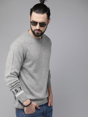 Roadster Solid Round Neck Casual Men Grey Sweater