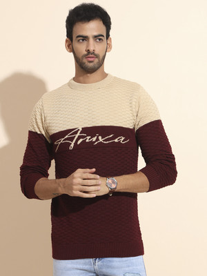 ANIXA Printed Round Neck Casual Men Beige Sweater