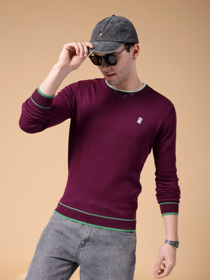 The Indian Garage Co. Self Design Crew Neck Casual Men Purple Sweater
