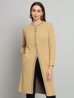 Broowl Self Design Collared Neck Casual Women Yellow Sweater