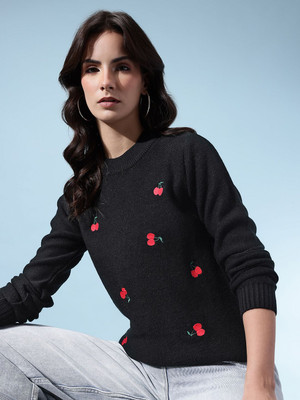 Glitchez Embroidered Round Neck Casual Women Black Sweater