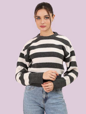 CHEMISTRY Striped, Self Design Round Neck Casual Women Grey Sweater