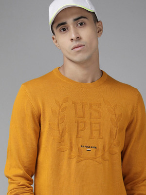 U.S. POLO ASSN. Self Design Round Neck Casual Men Yellow Sweater