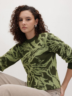 Roadster Self Design Round Neck Casual Women Green Sweater