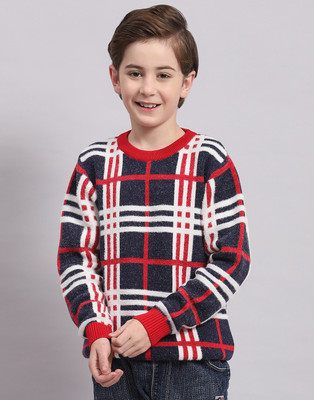 MONTE CARLO Checkered Round Neck Casual Boys Dark Blue Sweater