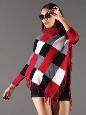 Showoff Checkered Turtle Neck Casual Women Red Sweater